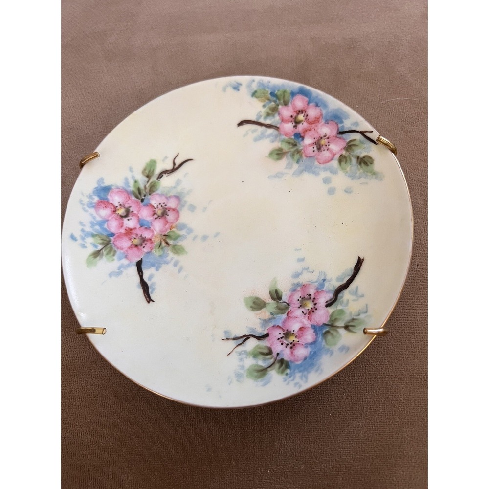 Vintage Decorative Wall Plate Pink‎ And Blue Flower Hand Painted  Porcelain